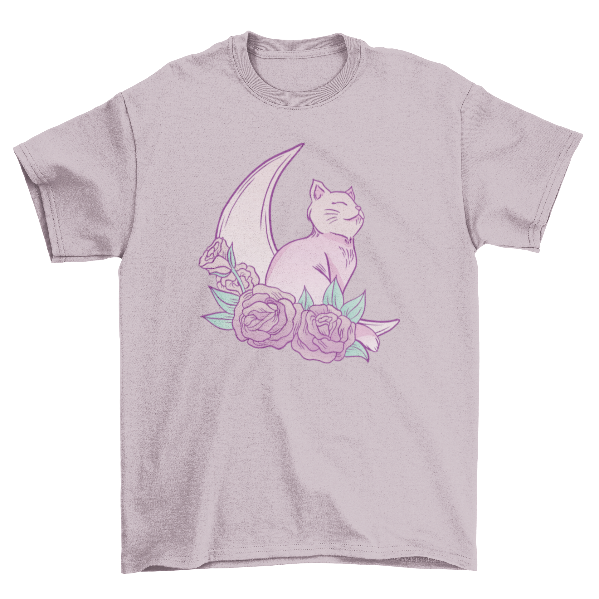 A cute t-shirt featuring a cat sitting on a crescent moon surrounded by roses, showcasing a whimsical and artistic design.