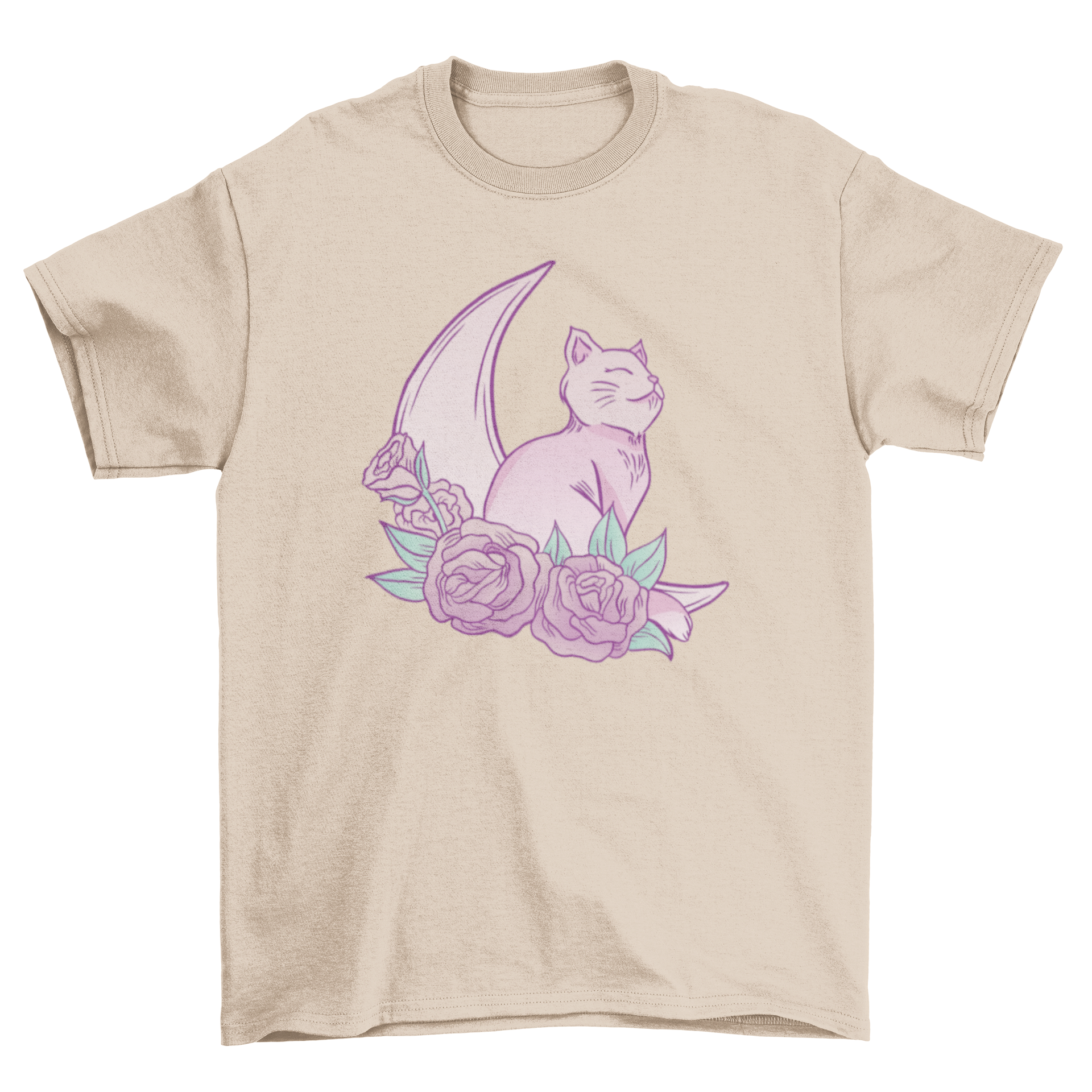 A cute t-shirt featuring a cat sitting on a crescent moon surrounded by roses, showcasing a whimsical and artistic design.