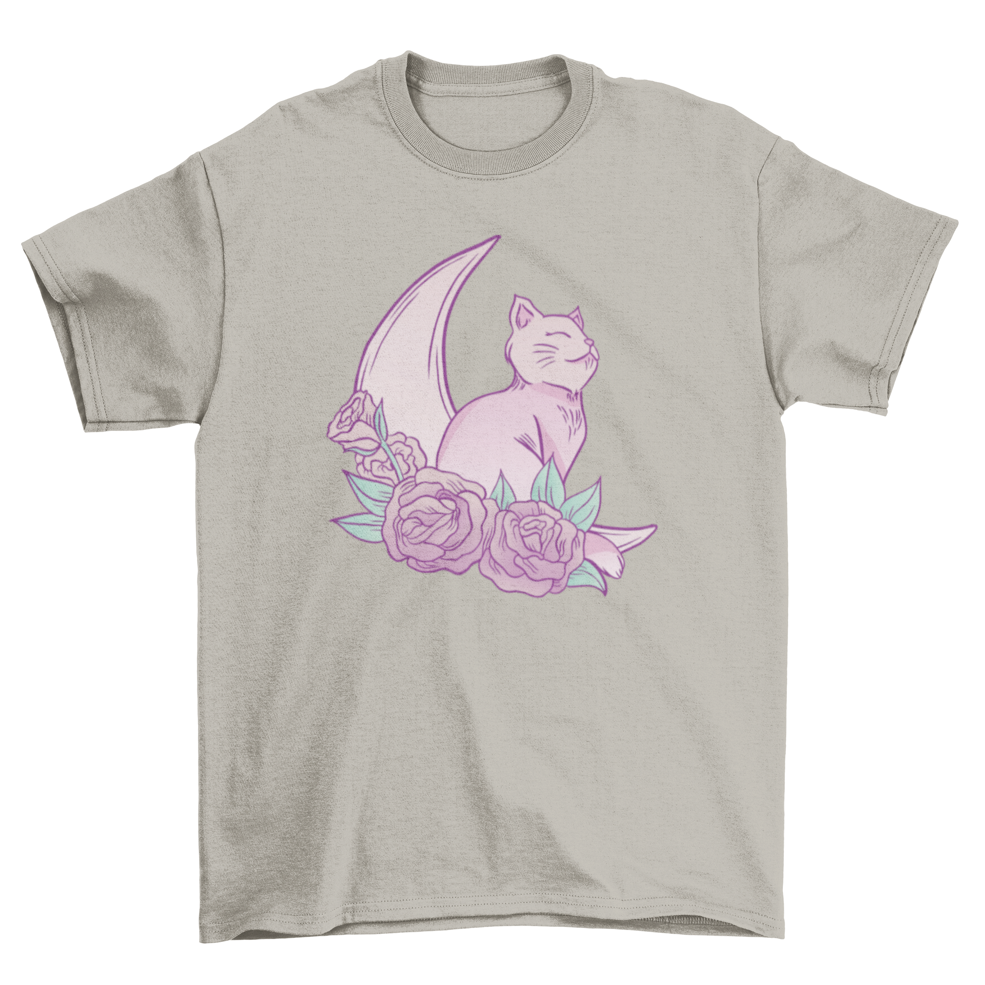 A cute t-shirt featuring a cat sitting on a crescent moon surrounded by roses, showcasing a whimsical and artistic design.