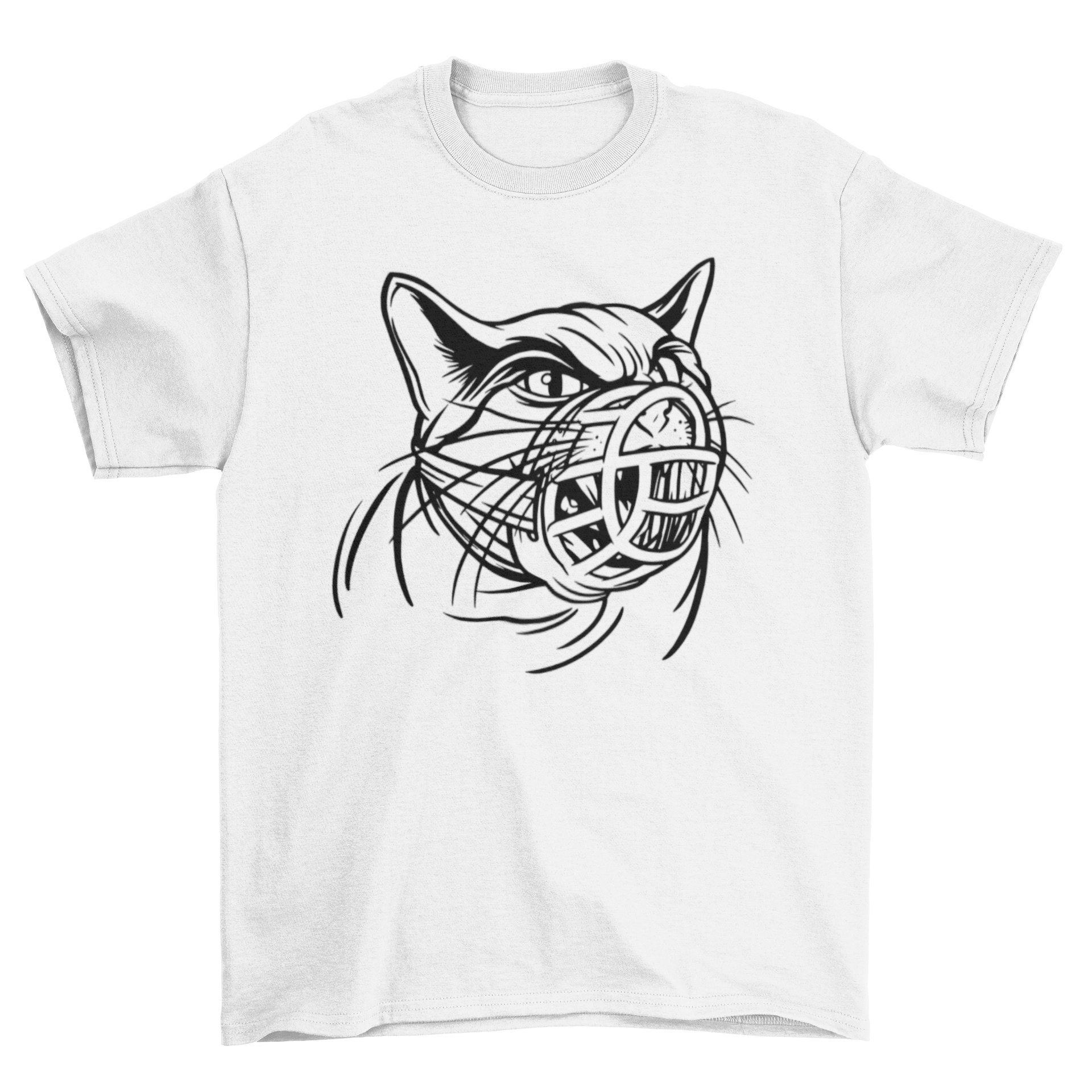 A stylish t-shirt featuring a hand-drawn illustration of an angry cat wearing a muzzle, perfect for cat lovers.