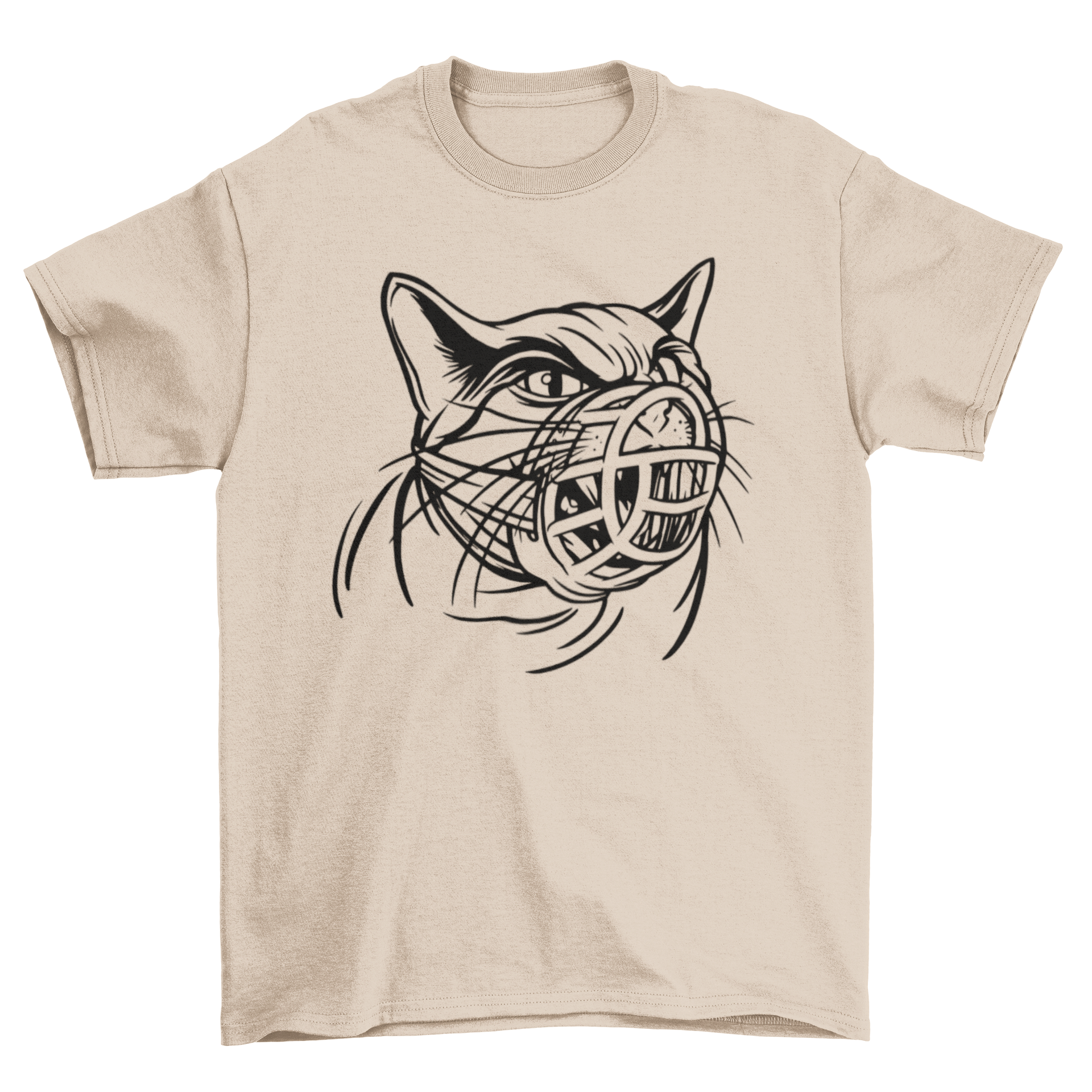 A stylish t-shirt featuring a hand-drawn illustration of an angry cat wearing a muzzle, perfect for cat lovers.