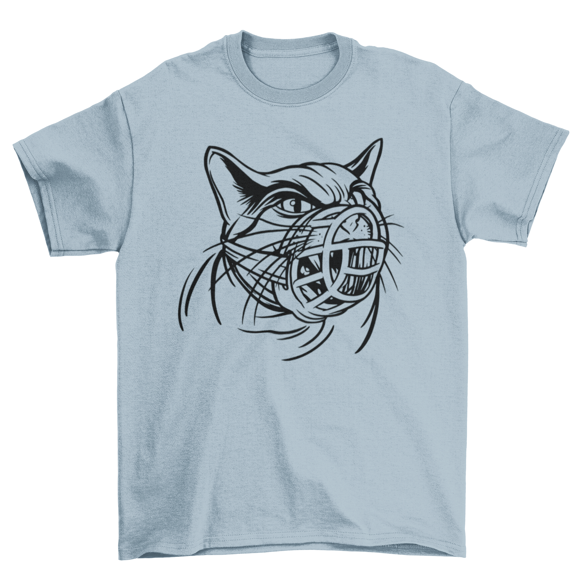 A stylish t-shirt featuring a hand-drawn illustration of an angry cat wearing a muzzle, perfect for cat lovers.