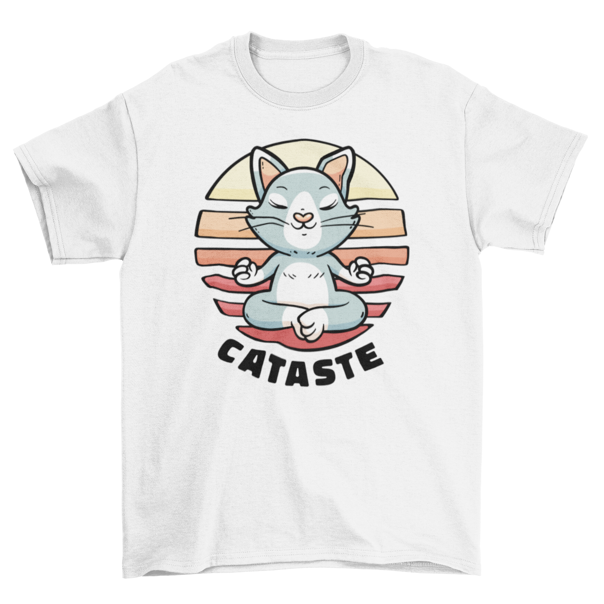 A cute t-shirt featuring a meditating cat illustration with the word 'Namaste'.