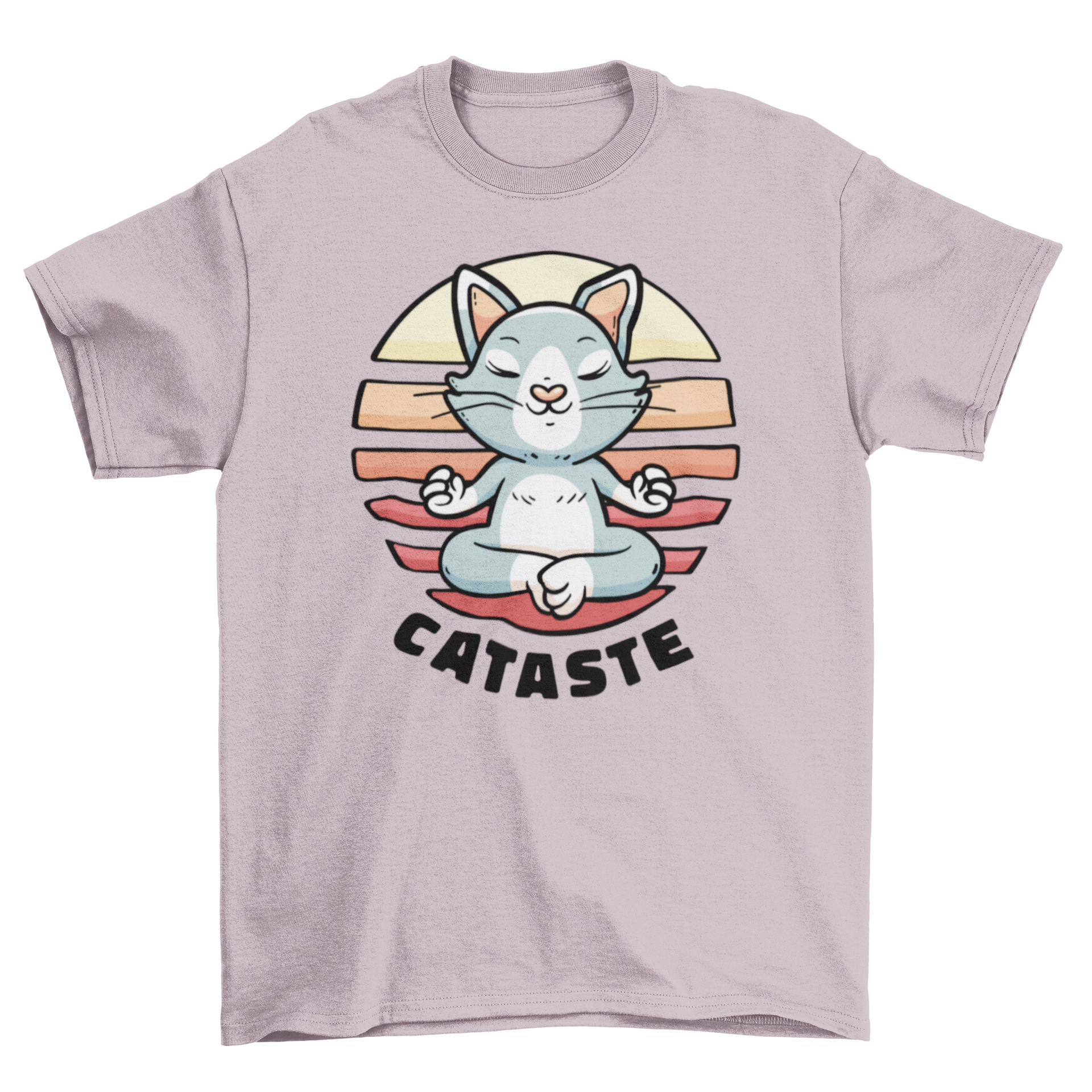 A cute t-shirt featuring a meditating cat illustration with the word 'Namaste'.