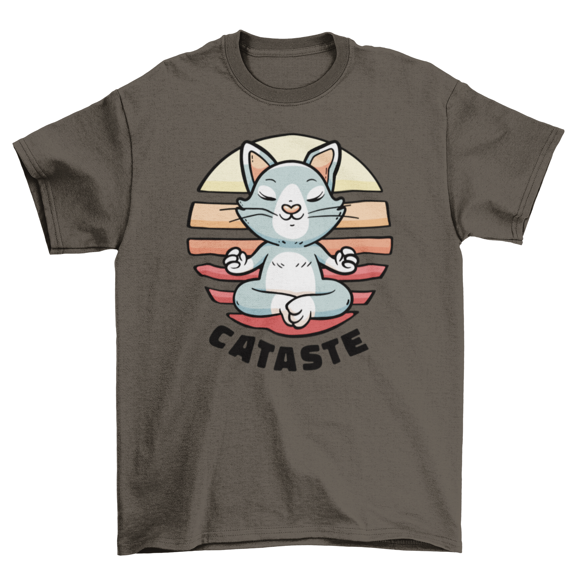 A cute t-shirt featuring a meditating cat illustration with the word 'Namaste'.