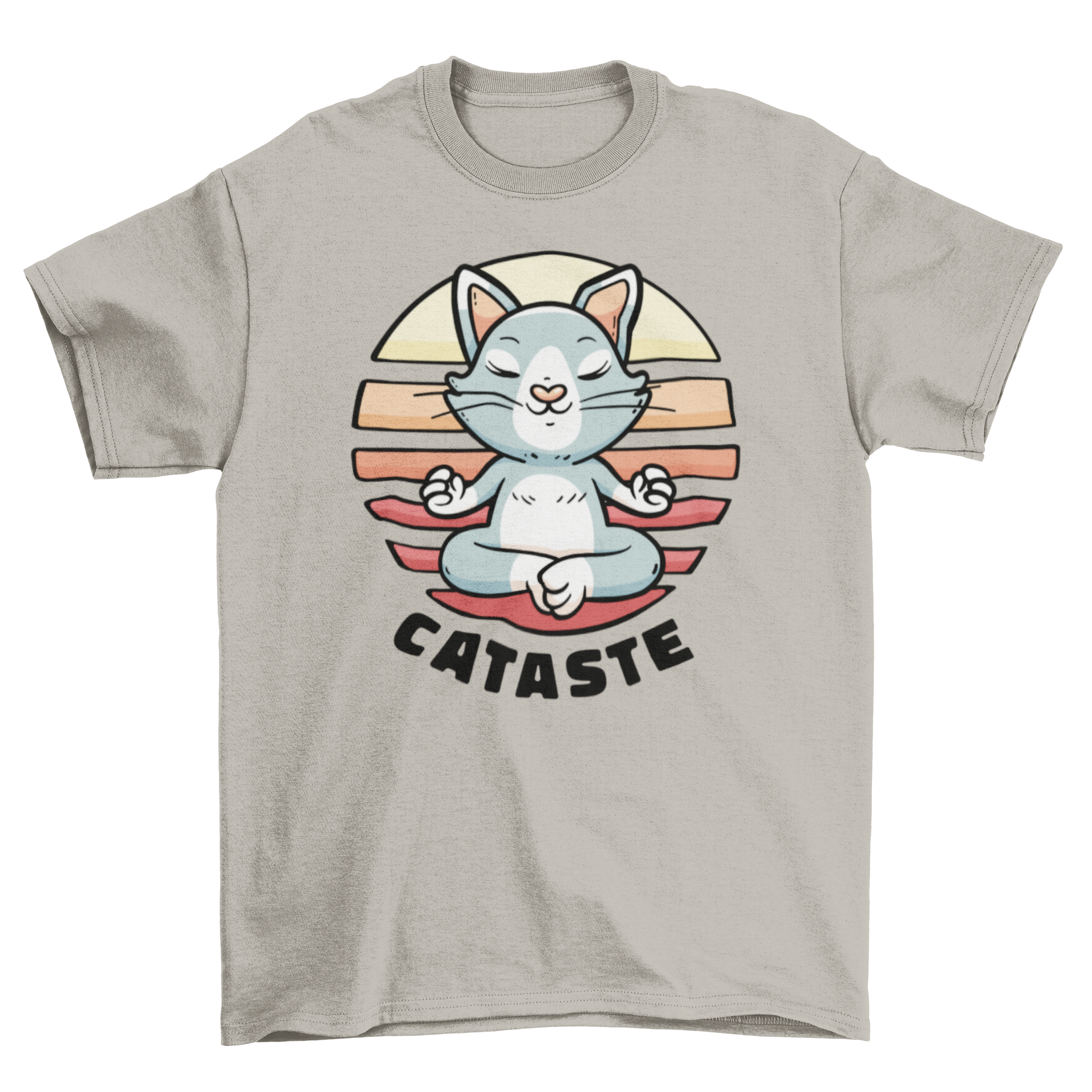 A cute t-shirt featuring a meditating cat illustration with the word 'Namaste'.