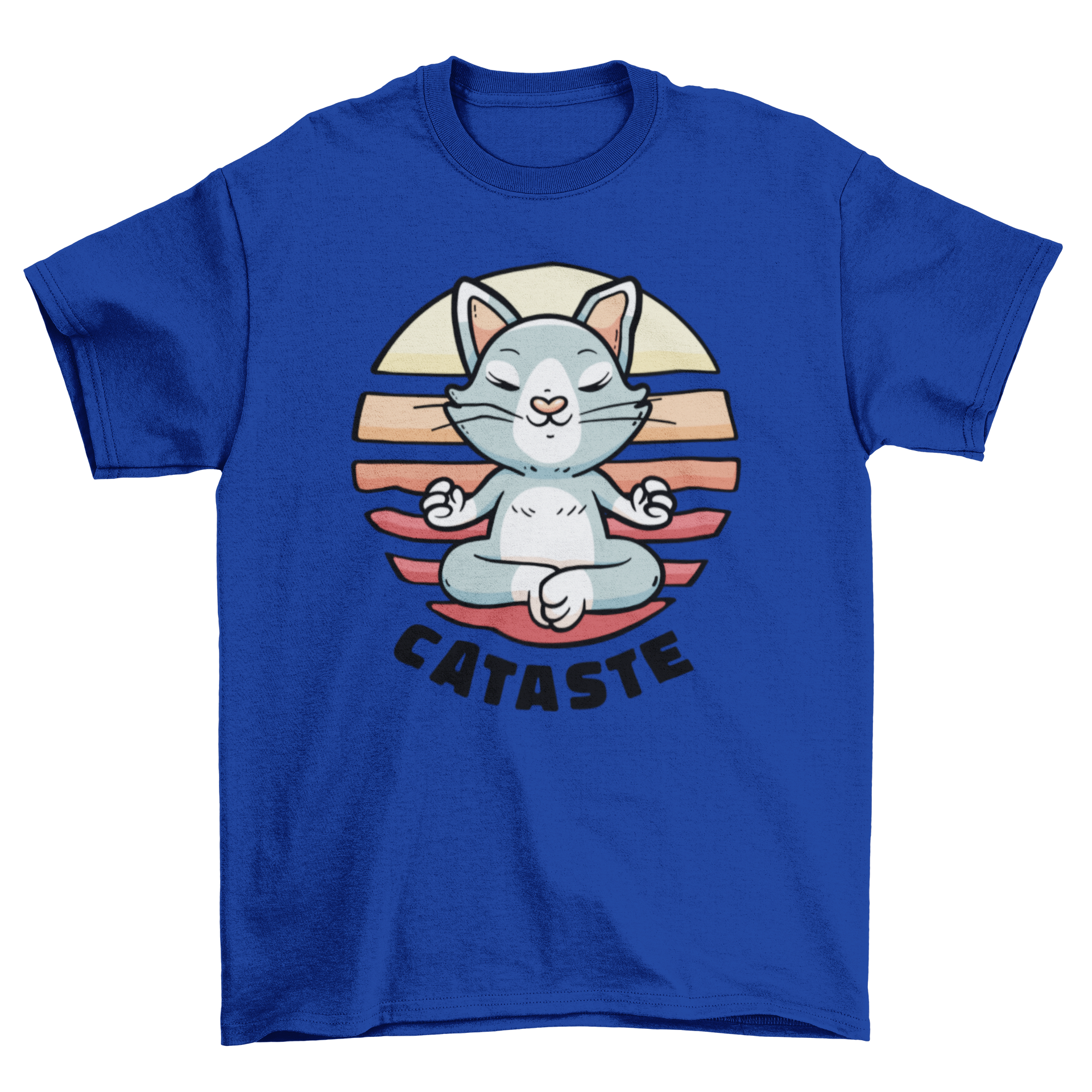 A cute t-shirt featuring a meditating cat illustration with the word 'Namaste'.