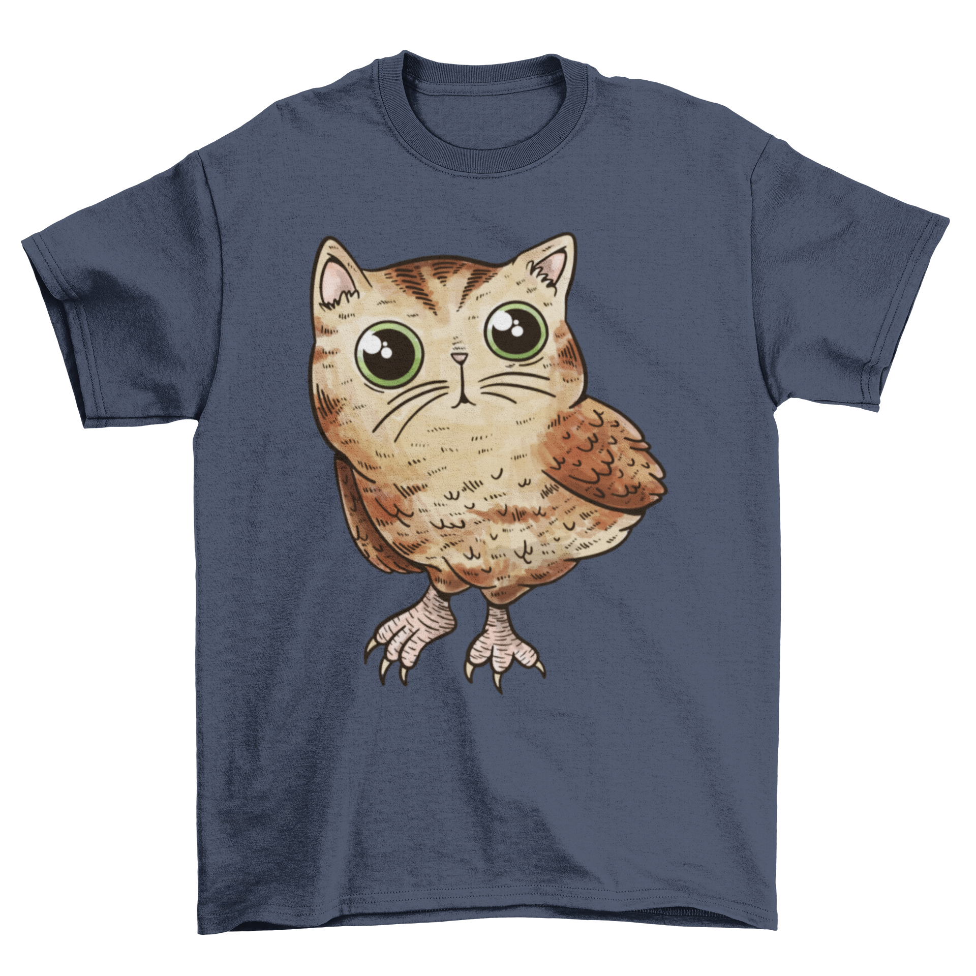 A cute t-shirt featuring a whimsical design of a cat and owl combined, showcasing vibrant colors and intricate details.