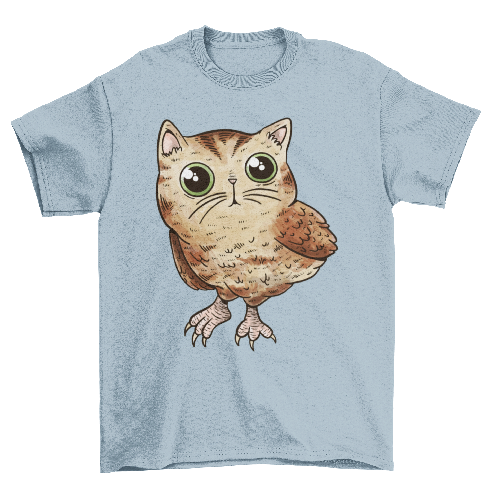 A cute t-shirt featuring a whimsical design of a cat and owl combined, showcasing vibrant colors and intricate details.