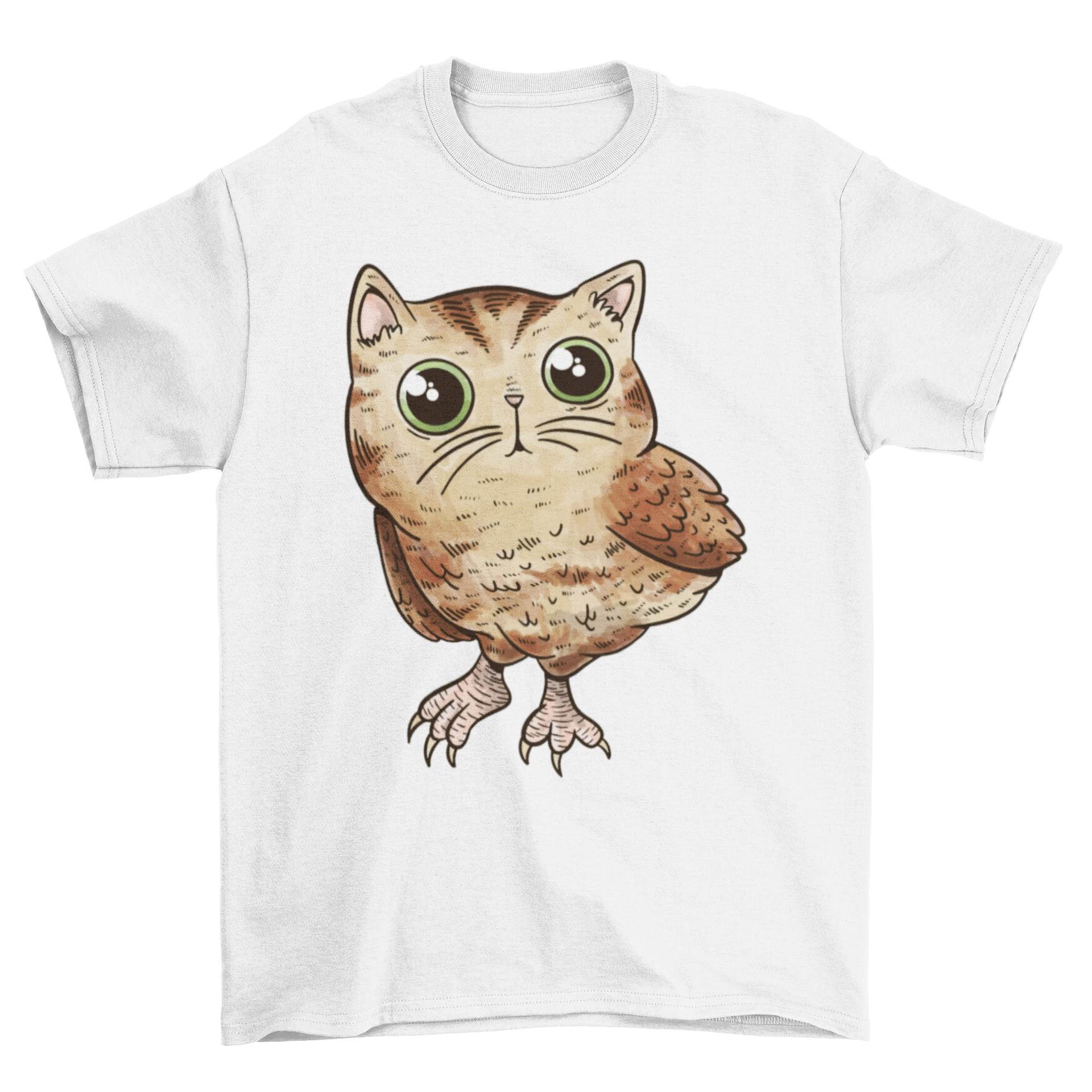 A cute t-shirt featuring a whimsical design of a cat and owl combined, showcasing vibrant colors and intricate details.