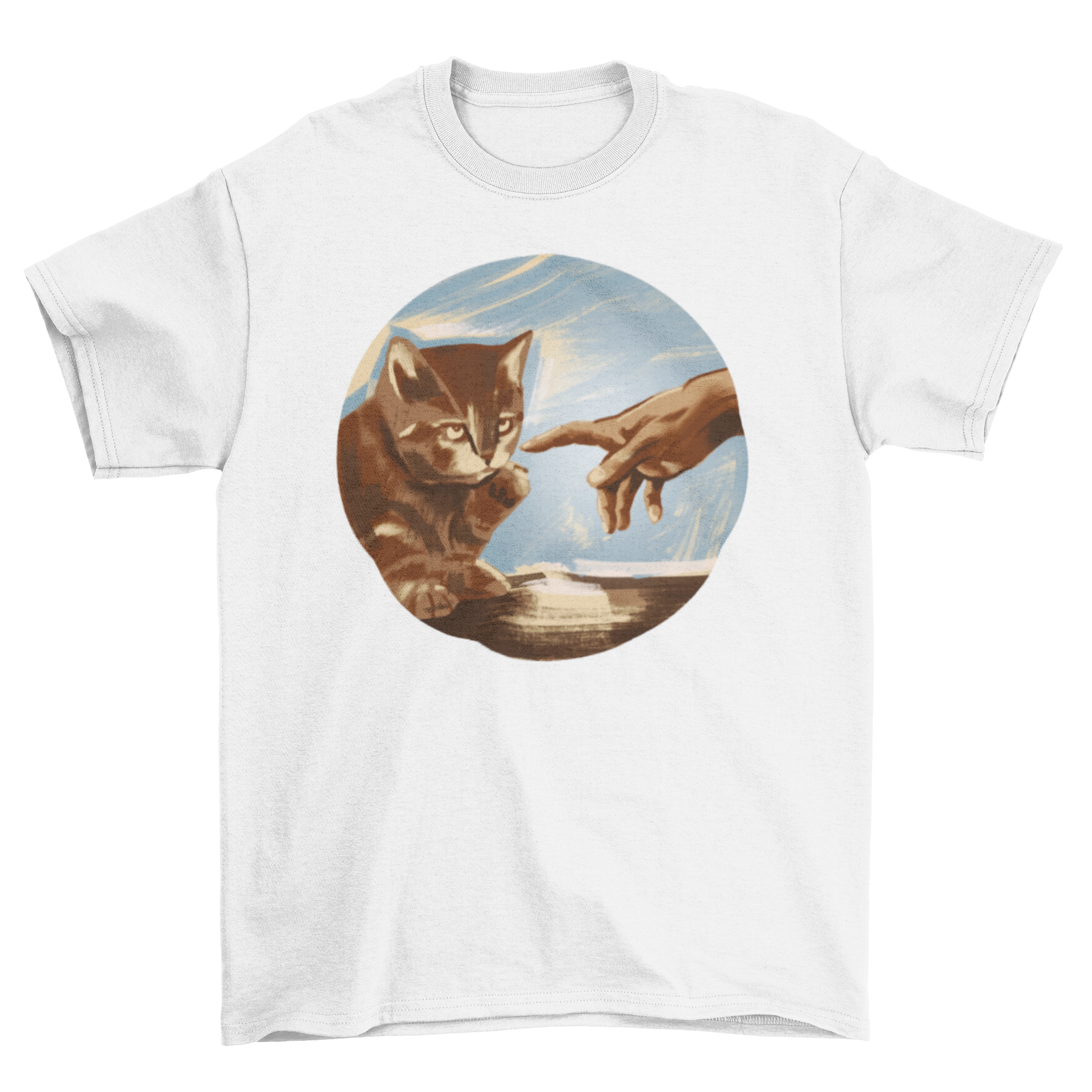 A humorous t-shirt featuring a parody of the Creation of Adam painting with a hand reaching for a cat.