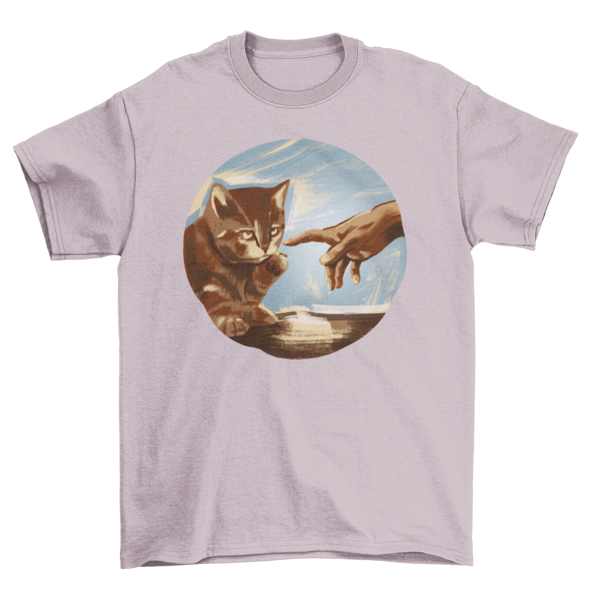 A humorous t-shirt featuring a parody of the Creation of Adam painting with a hand reaching for a cat.