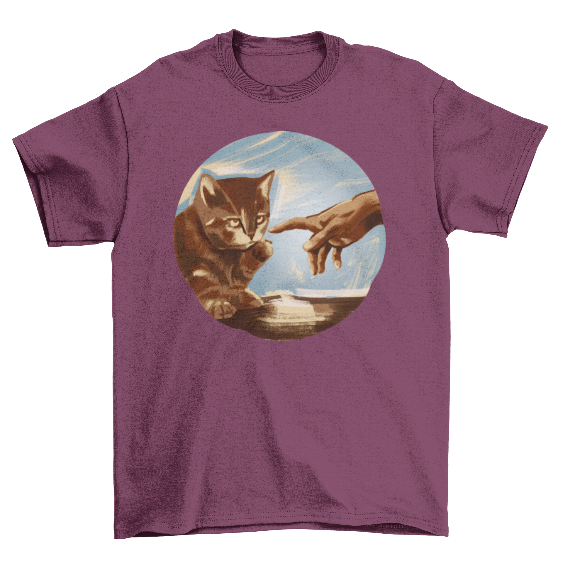 A humorous t-shirt featuring a parody of the Creation of Adam painting with a hand reaching for a cat.