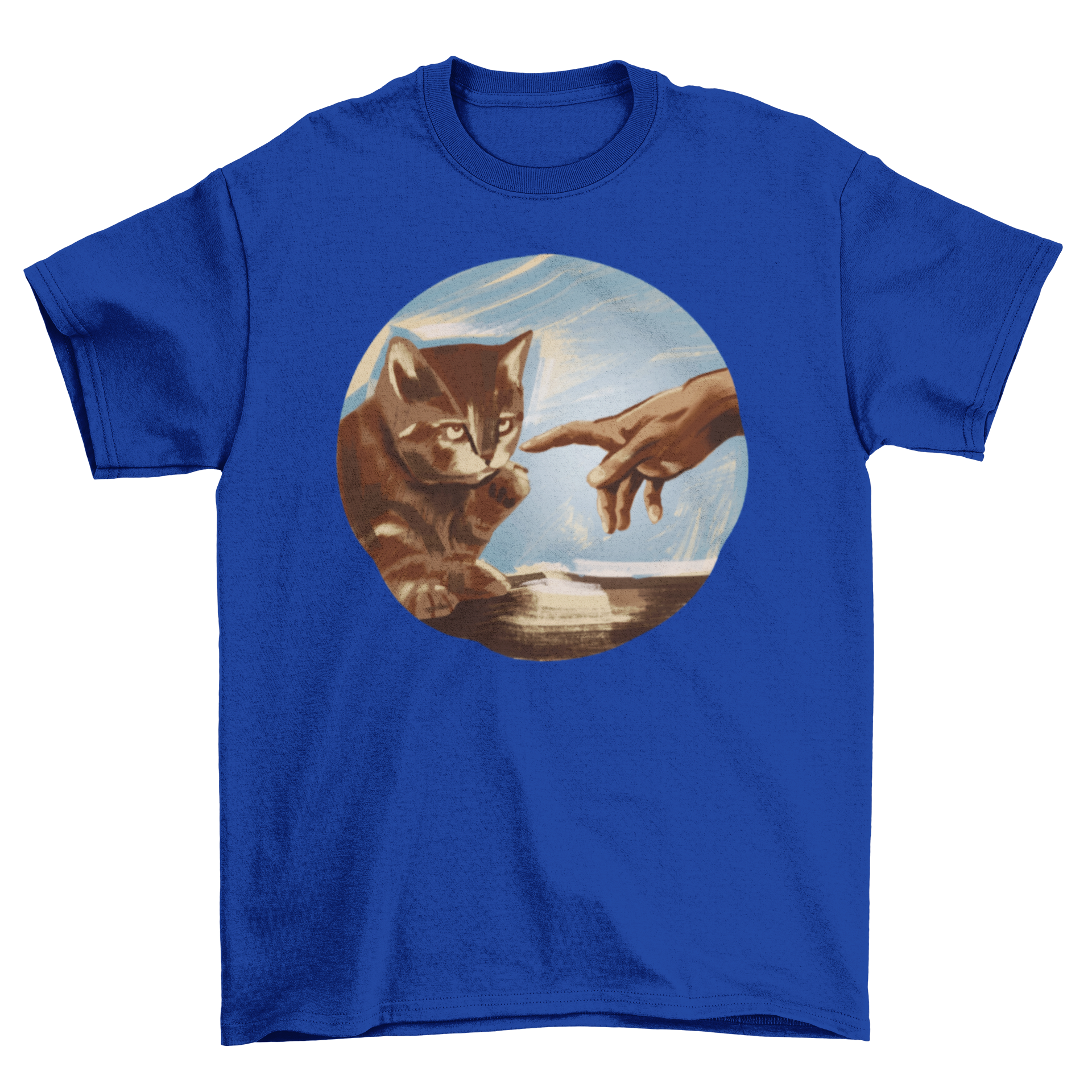 A humorous t-shirt featuring a parody of the Creation of Adam painting with a hand reaching for a cat.