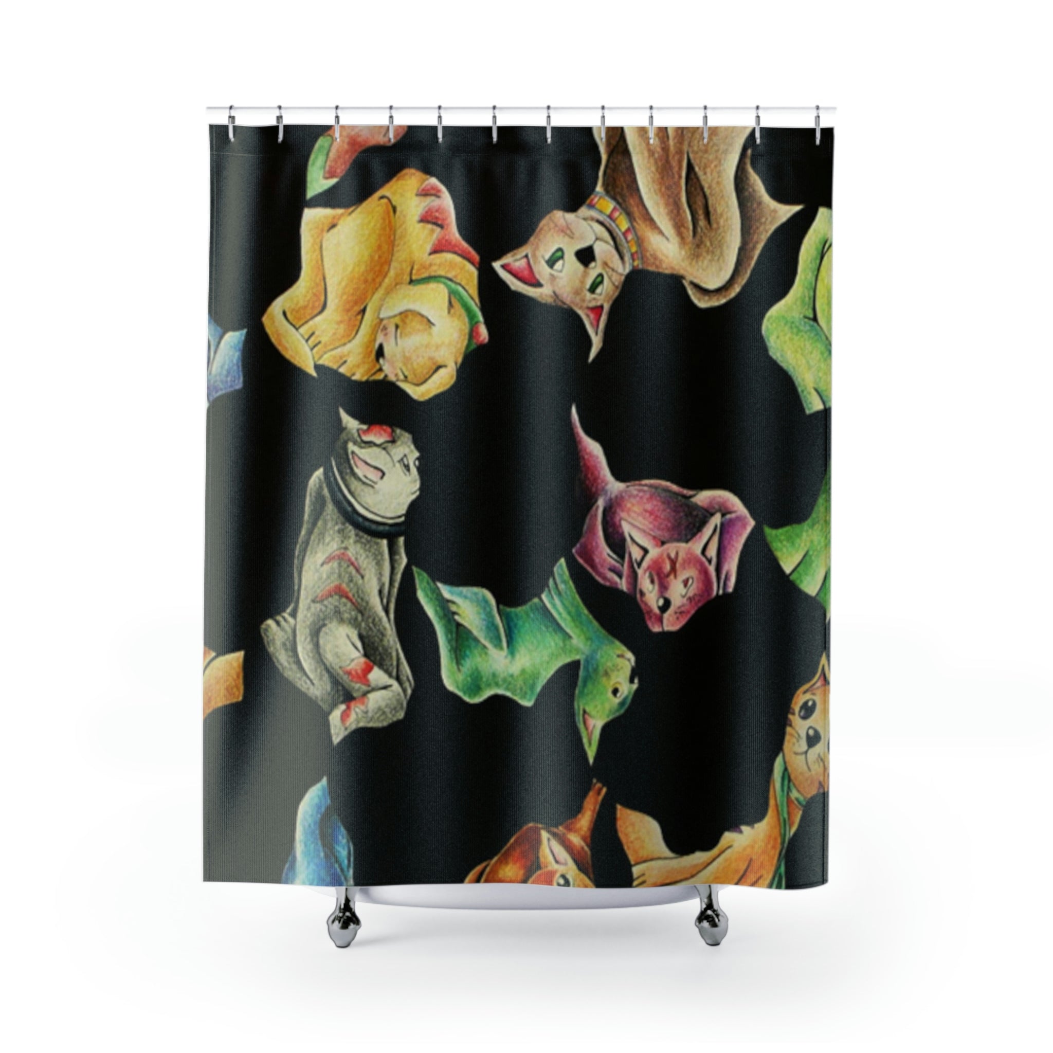 Colorful Cat Pattern Bathroom Shower Curtain made of durable polyester, featuring a whimsical design perfect for cat lovers.