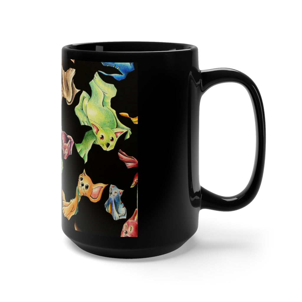 A stylish 15oz black ceramic mug featuring a cute cat pattern, perfect for coffee and tea lovers.