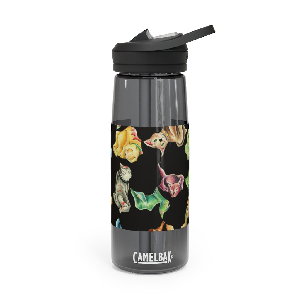 Cat Pattern CamelBak Eddy® Water Bottle in 20oz and 25oz sizes, showcasing its unique design and durable features.