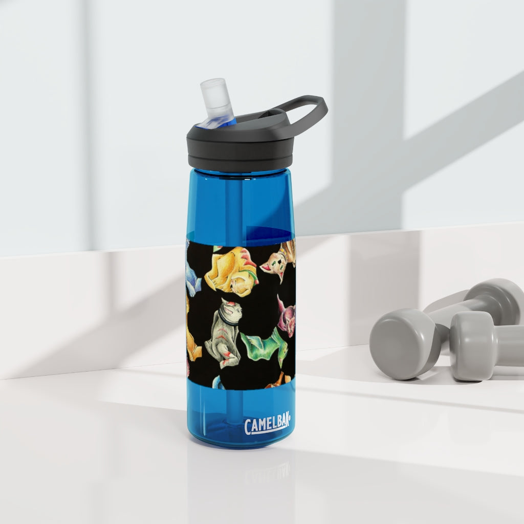 Cat Pattern CamelBak Eddy® Water Bottle in 20oz and 25oz sizes, showcasing its unique design and durable features.