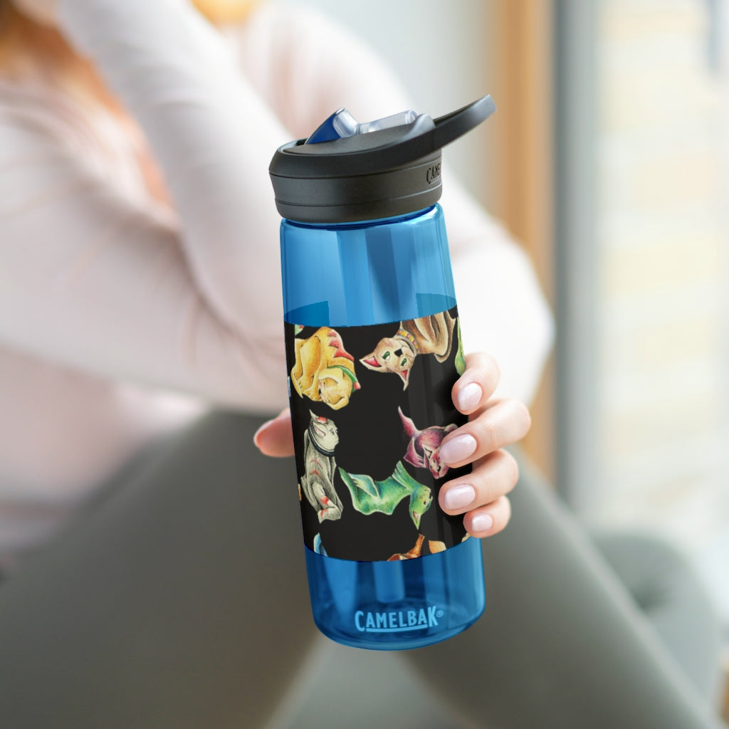 Cat Pattern CamelBak Eddy® Water Bottle in 20oz and 25oz sizes, showcasing its unique design and durable features.