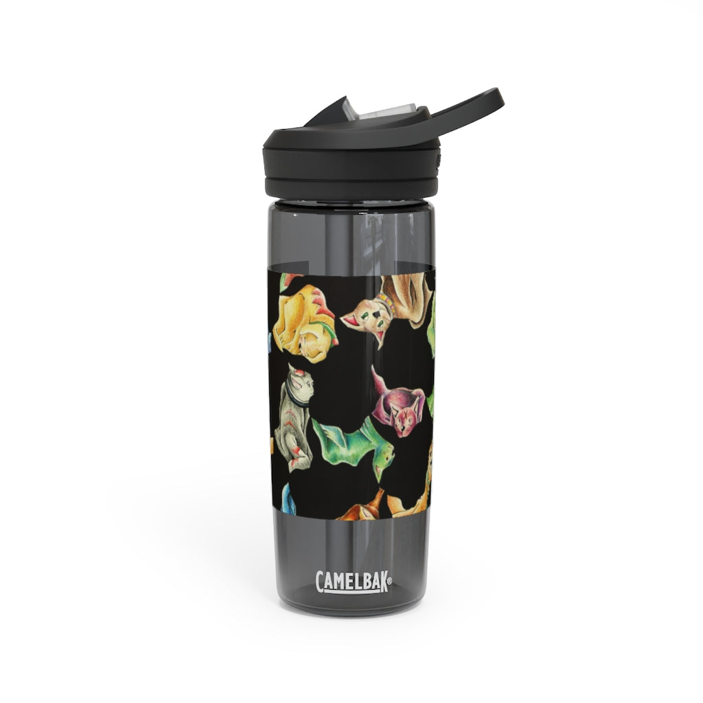 Cat Pattern CamelBak Eddy® Water Bottle in 20oz and 25oz sizes, showcasing its unique design and durable features.