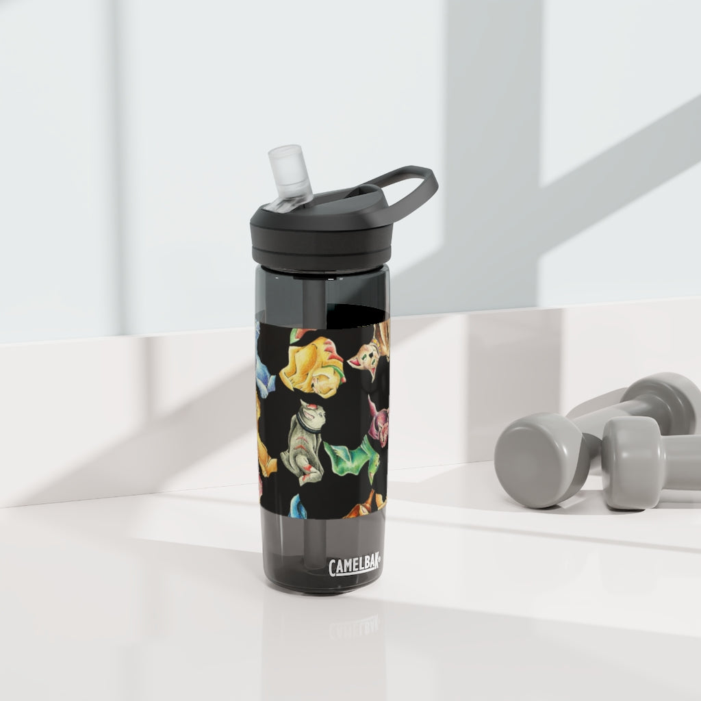 Cat Pattern CamelBak Eddy® Water Bottle in 20oz and 25oz sizes, showcasing its unique design and durable features.