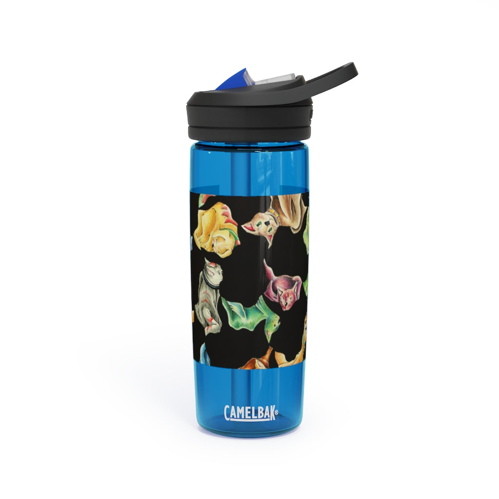 Cat Pattern CamelBak Eddy® Water Bottle in 20oz and 25oz sizes, showcasing its unique design and durable features.