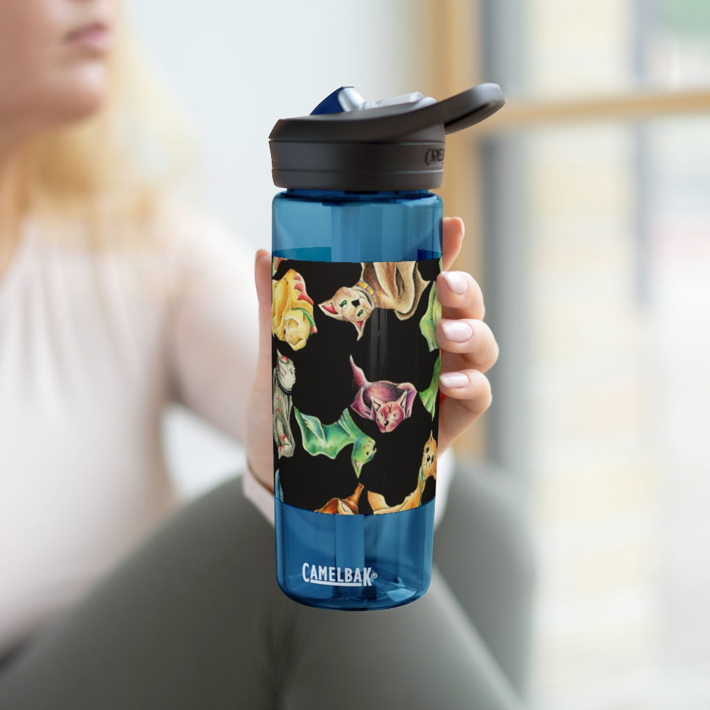 Cat Pattern CamelBak Eddy® Water Bottle in 20oz and 25oz sizes, showcasing its unique design and durable features.