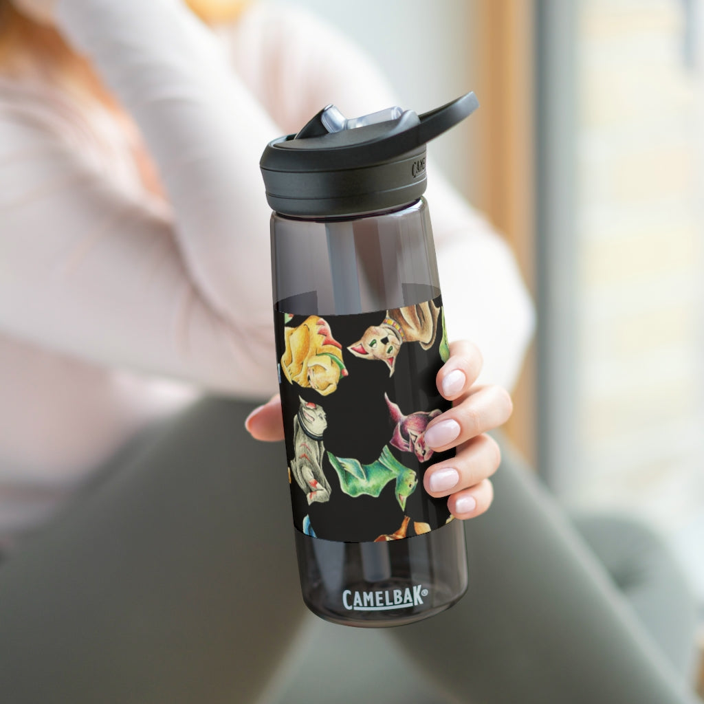 Cat Pattern CamelBak Eddy® Water Bottle in 20oz and 25oz sizes, showcasing its unique design and durable features.