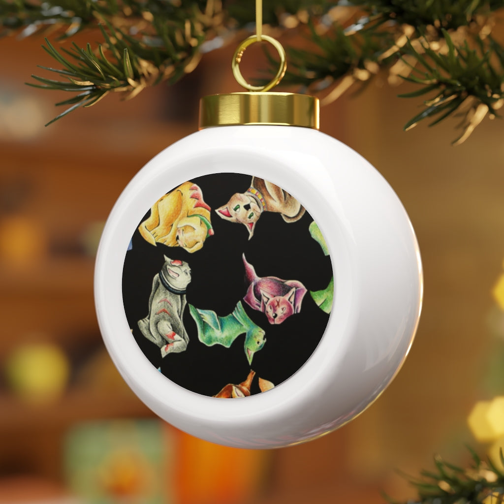 A 3-inch glossy Christmas ball ornament featuring a vintage cat pattern, adorned with a gold ribbon for hanging.