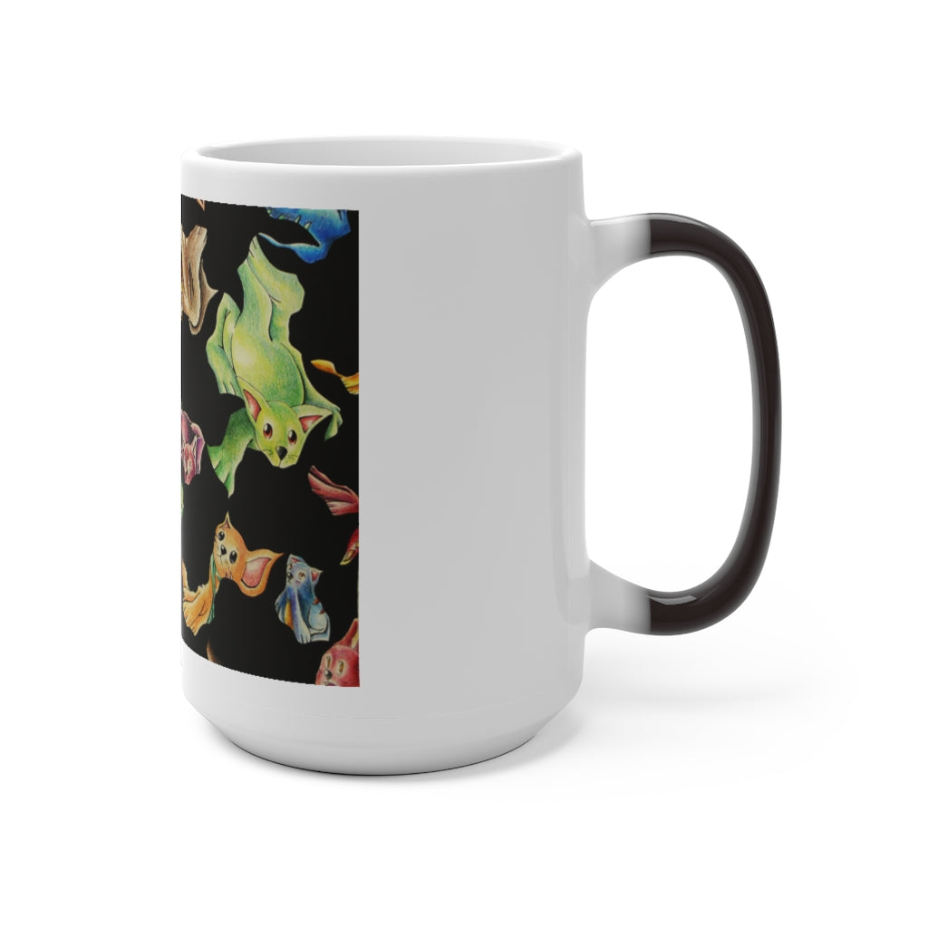 A whimsical cat pattern color changing mug showcasing vibrant colors when filled with hot liquid.