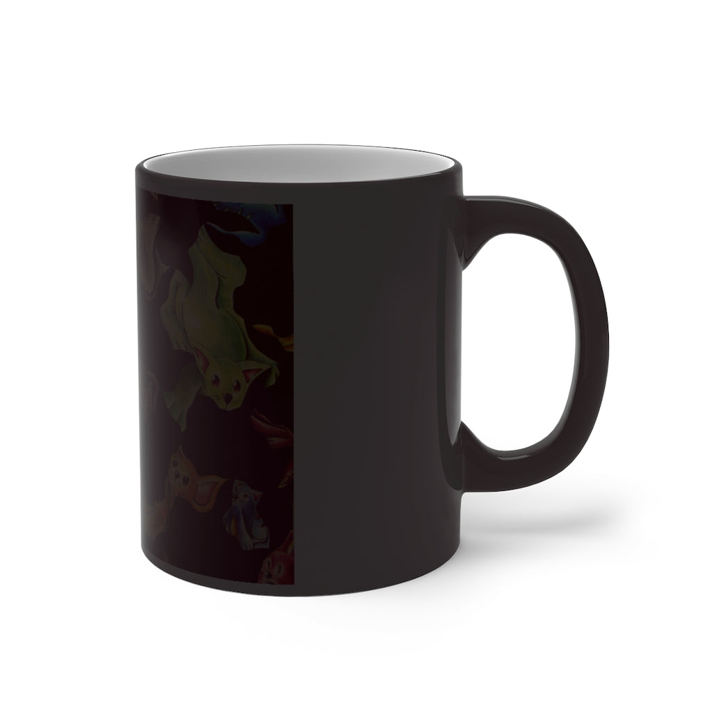 A whimsical cat pattern color changing mug showcasing vibrant colors when filled with hot liquid.