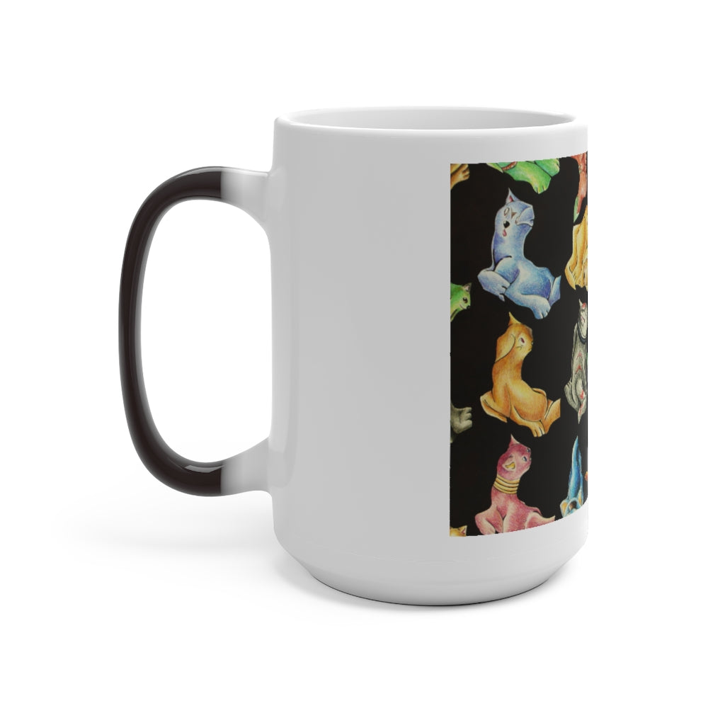 A whimsical cat pattern color changing mug showcasing vibrant colors when filled with hot liquid.