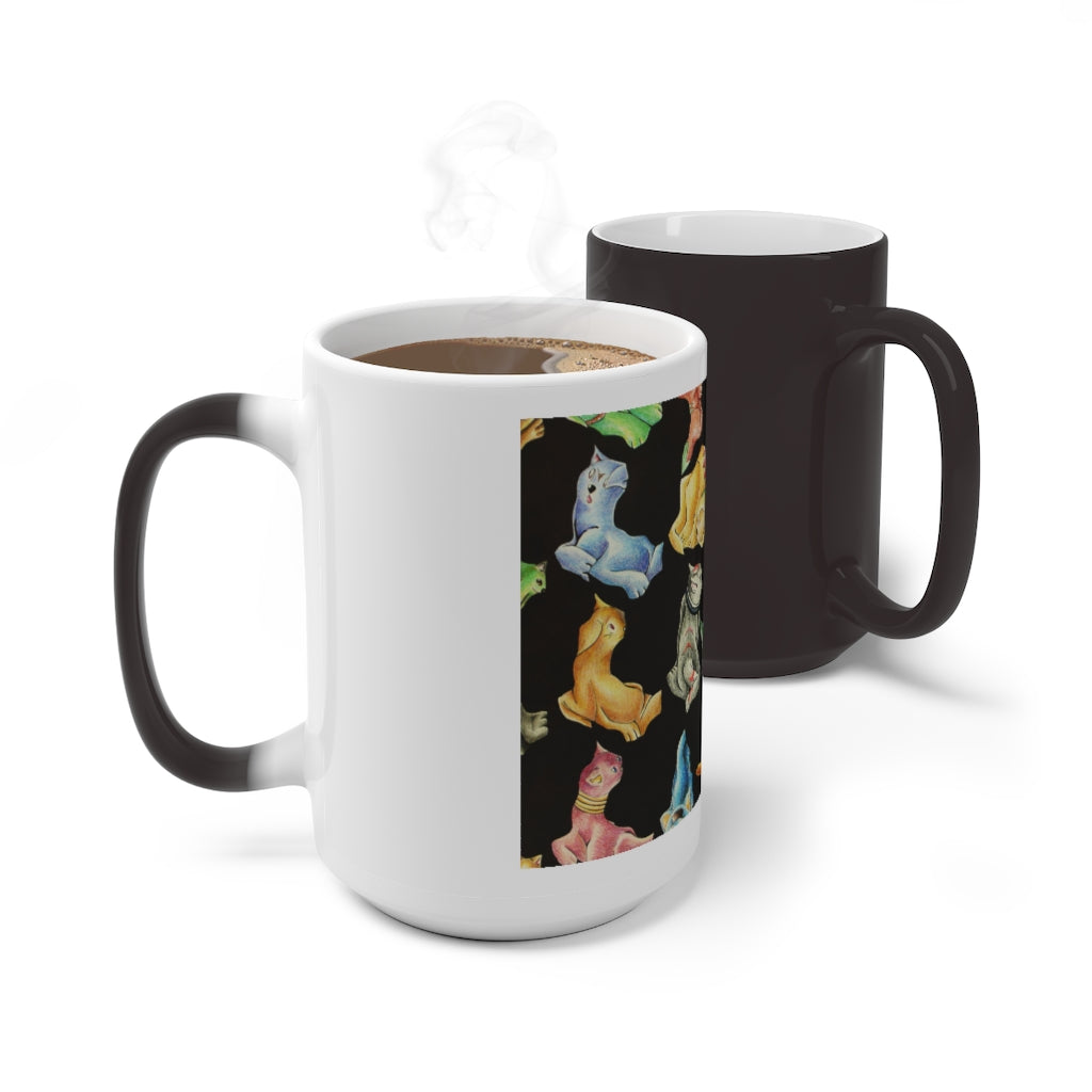 A whimsical cat pattern color changing mug showcasing vibrant colors when filled with hot liquid.