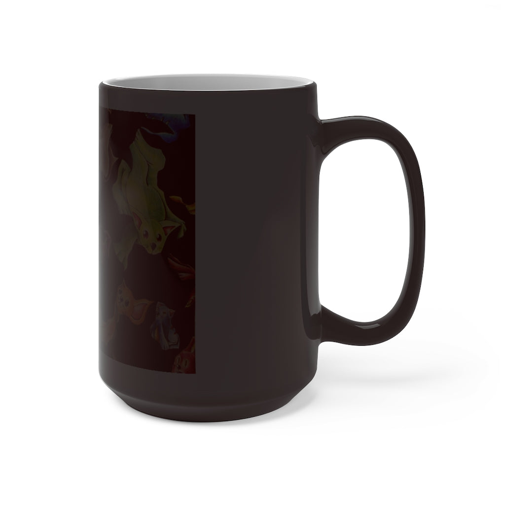 A whimsical cat pattern color changing mug showcasing vibrant colors when filled with hot liquid.