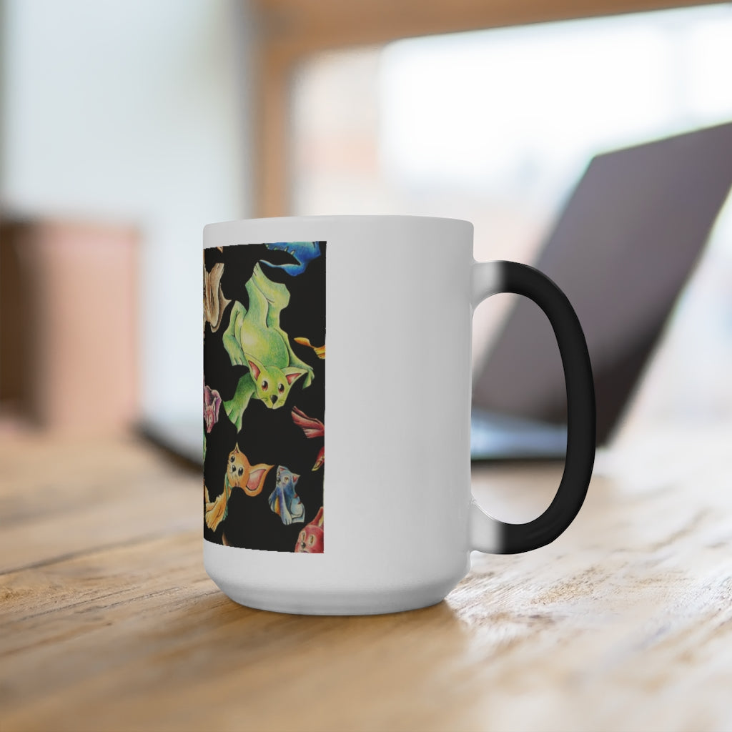 A whimsical cat pattern color changing mug showcasing vibrant colors when filled with hot liquid.