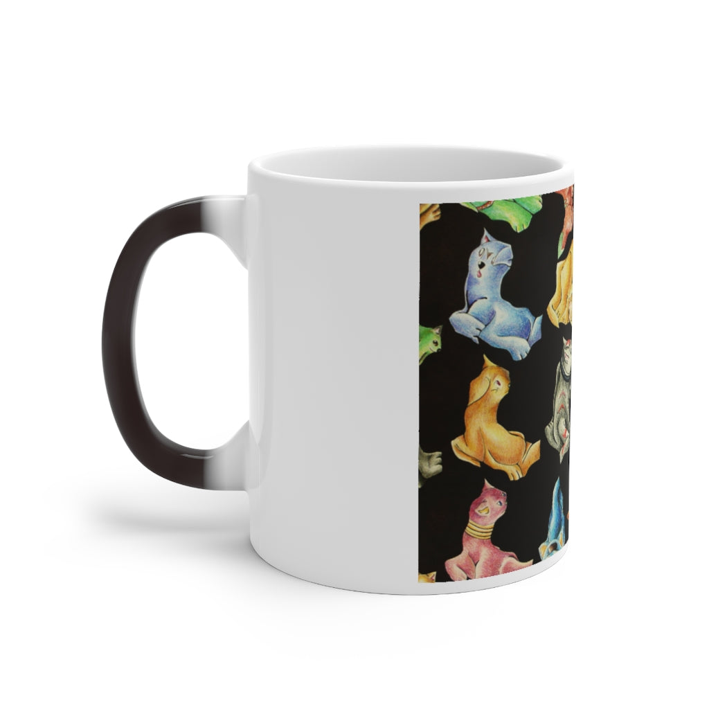 A whimsical cat pattern color changing mug showcasing vibrant colors when filled with hot liquid.