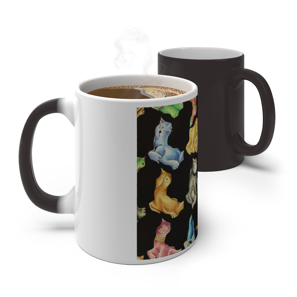 A whimsical cat pattern color changing mug showcasing vibrant colors when filled with hot liquid.