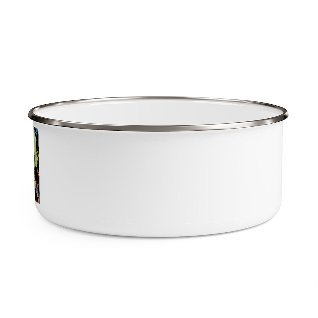 A stylish Cat Pattern Enamel Bowl made of stainless steel with a translucent plastic lid, featuring a unique cat design around the exterior.