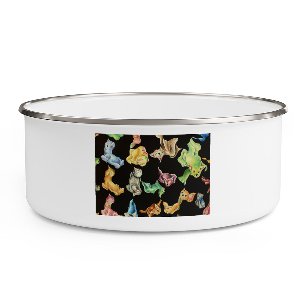 A stylish Cat Pattern Enamel Bowl made of stainless steel with a translucent plastic lid, featuring a unique cat design around the exterior.