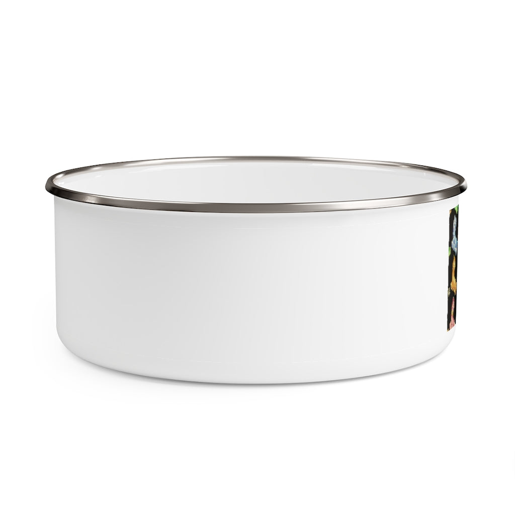 A stylish Cat Pattern Enamel Bowl made of stainless steel with a translucent plastic lid, featuring a unique cat design around the exterior.