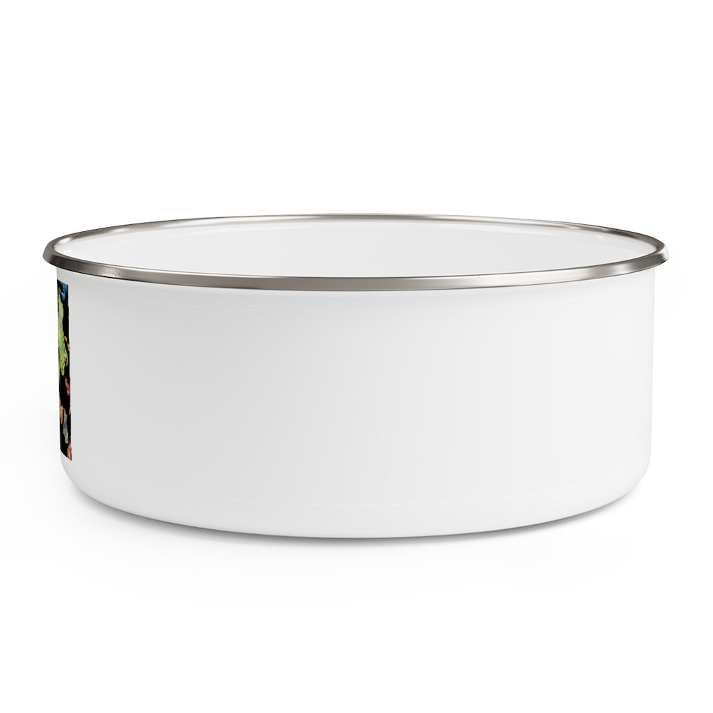 A stylish Cat Pattern Enamel Bowl made of stainless steel with a translucent plastic lid, featuring a unique cat design around the exterior.