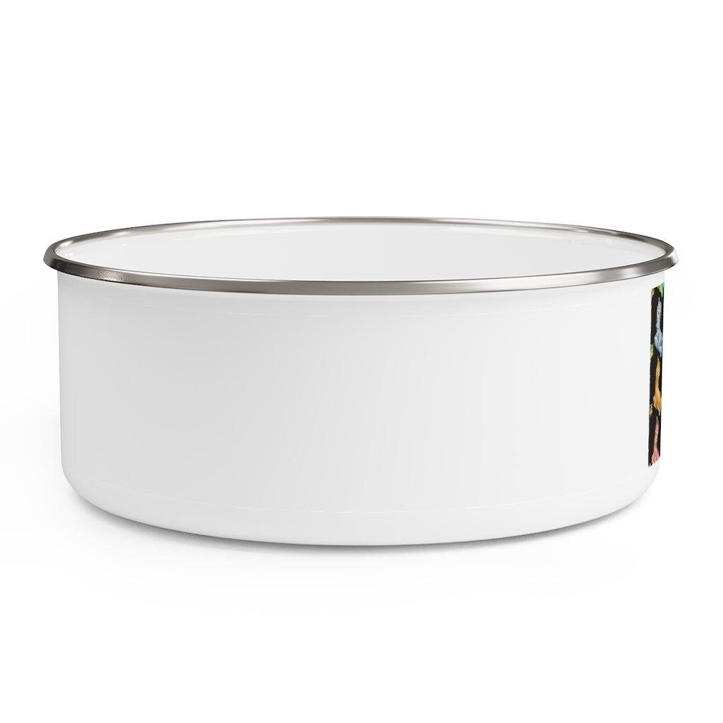 A stylish Cat Pattern Enamel Bowl made of stainless steel with a translucent plastic lid, featuring a unique cat design around the exterior.