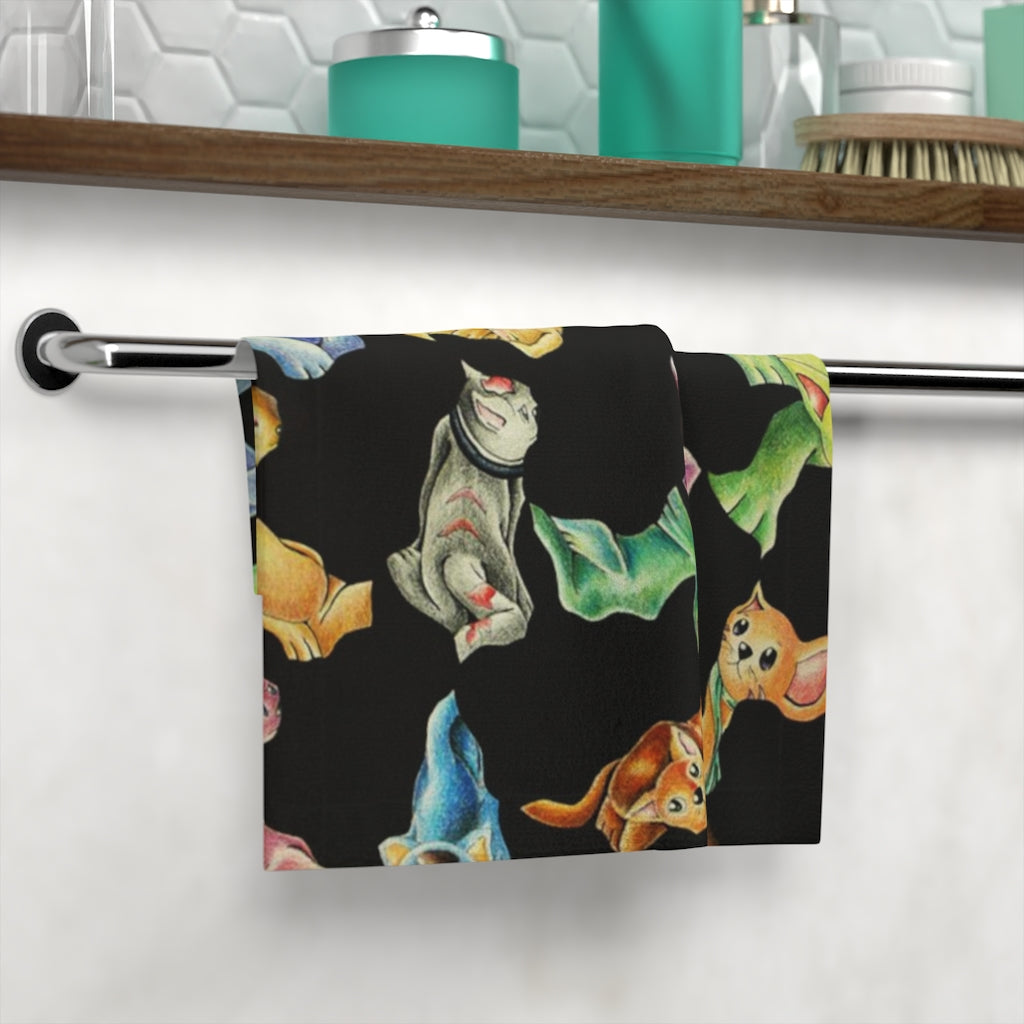 A colorful Cat Pattern Face Towel featuring a playful cat design, made from a soft polyester blend front and absorbent cotton back.