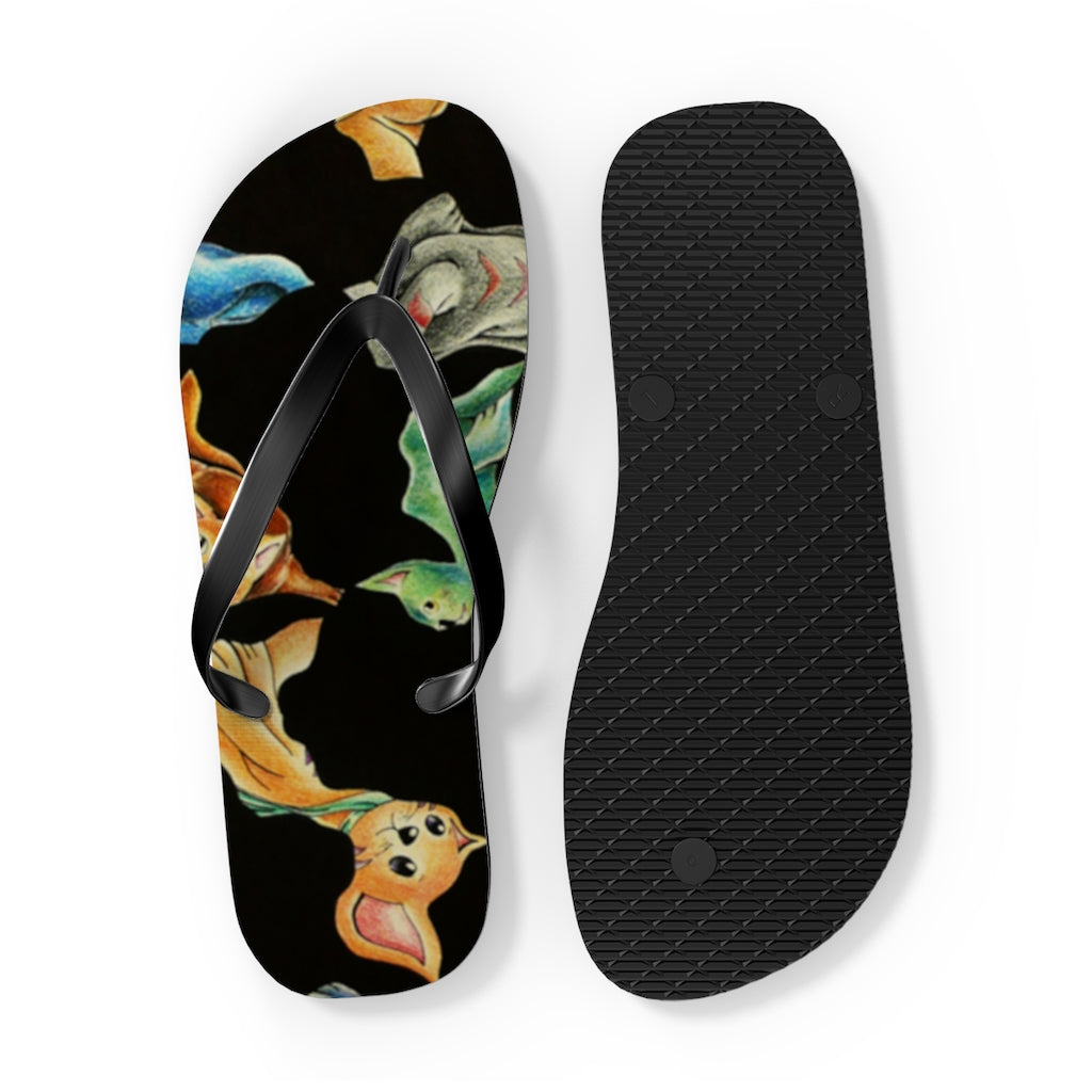 A pair of Cat Pattern Flip Flops featuring a vibrant cat design, cushioned footbed, and black PVC strap, perfect for summer wear.