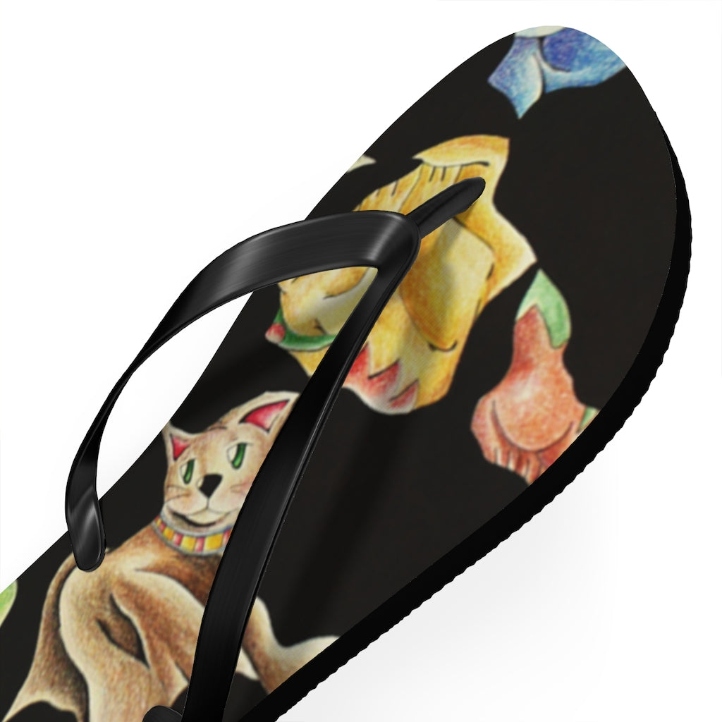 A pair of Cat Pattern Flip Flops featuring a vibrant cat design, cushioned footbed, and black PVC strap, perfect for summer wear.