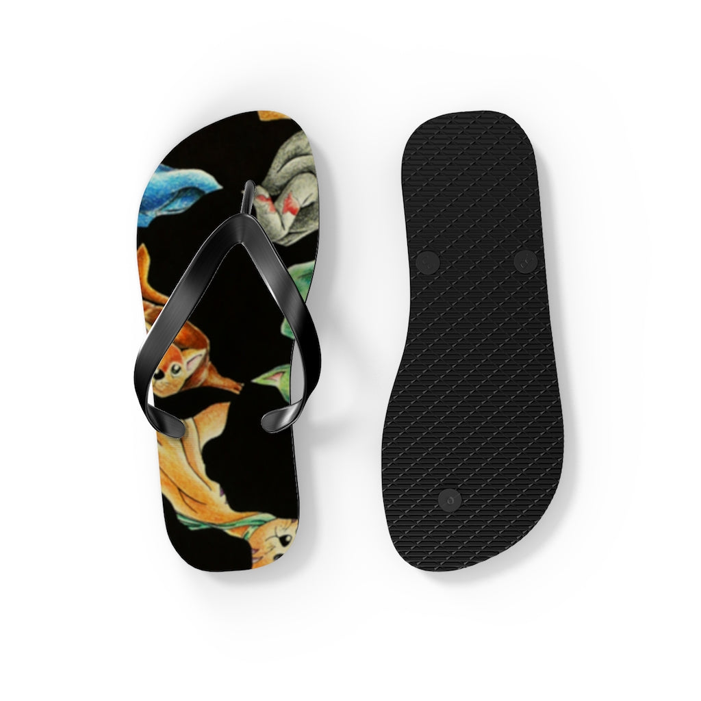 A pair of Cat Pattern Flip Flops featuring a vibrant cat design, cushioned footbed, and black PVC strap, perfect for summer wear.