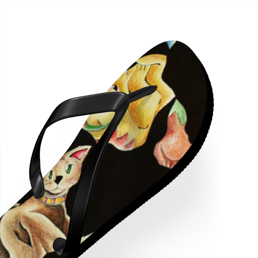 A pair of Cat Pattern Flip Flops featuring a vibrant cat design, cushioned footbed, and black PVC strap, perfect for summer wear.