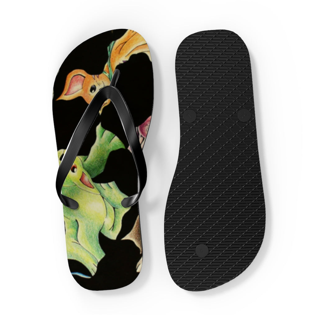 A pair of Cat Pattern Flip Flops featuring vibrant cat designs, cushioned footbed, and black PVC strap, perfect for summer wear.