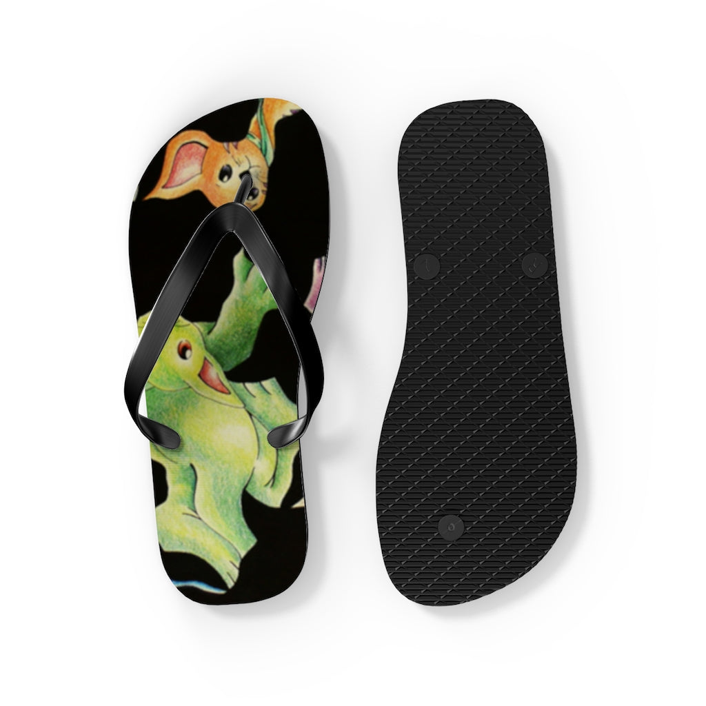 A pair of Cat Pattern Flip Flops featuring vibrant cat designs, cushioned footbed, and black PVC strap, perfect for summer wear.