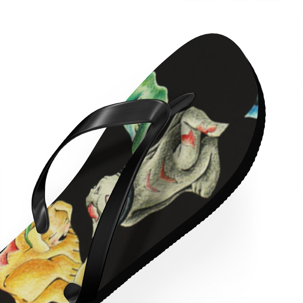 A pair of Cat Pattern Flip Flops featuring vibrant cat designs, cushioned footbed, and black PVC strap, perfect for summer wear.